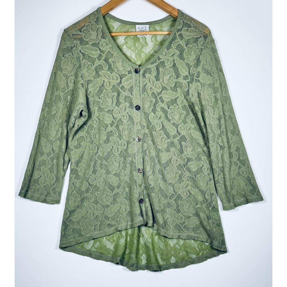 CMC Color‎ Me Cotton Top Womens XL Sage Green Lace Floral Sheer Button Front